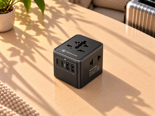 Adaptateur universel de voyage noir avec ports USB et USB-C